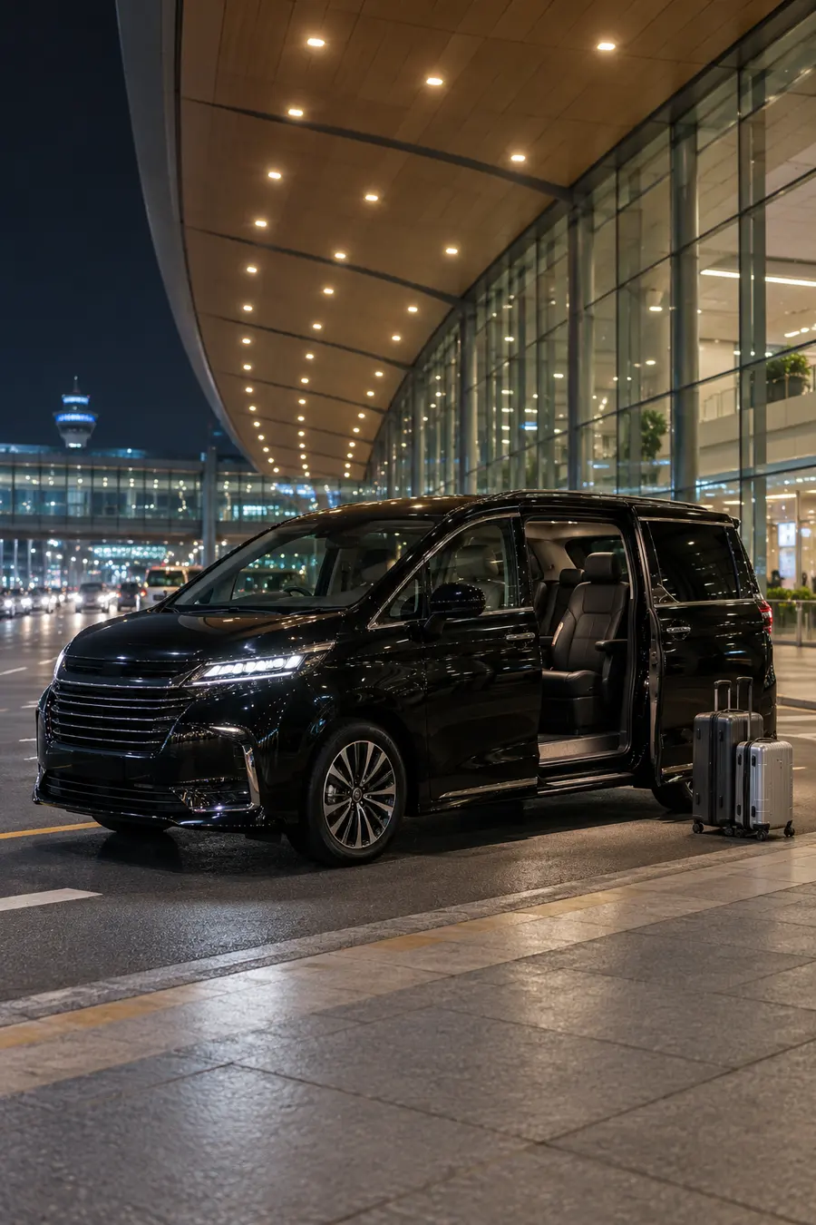 Black MPV waiting at an airport terminal kerb at night with luggage