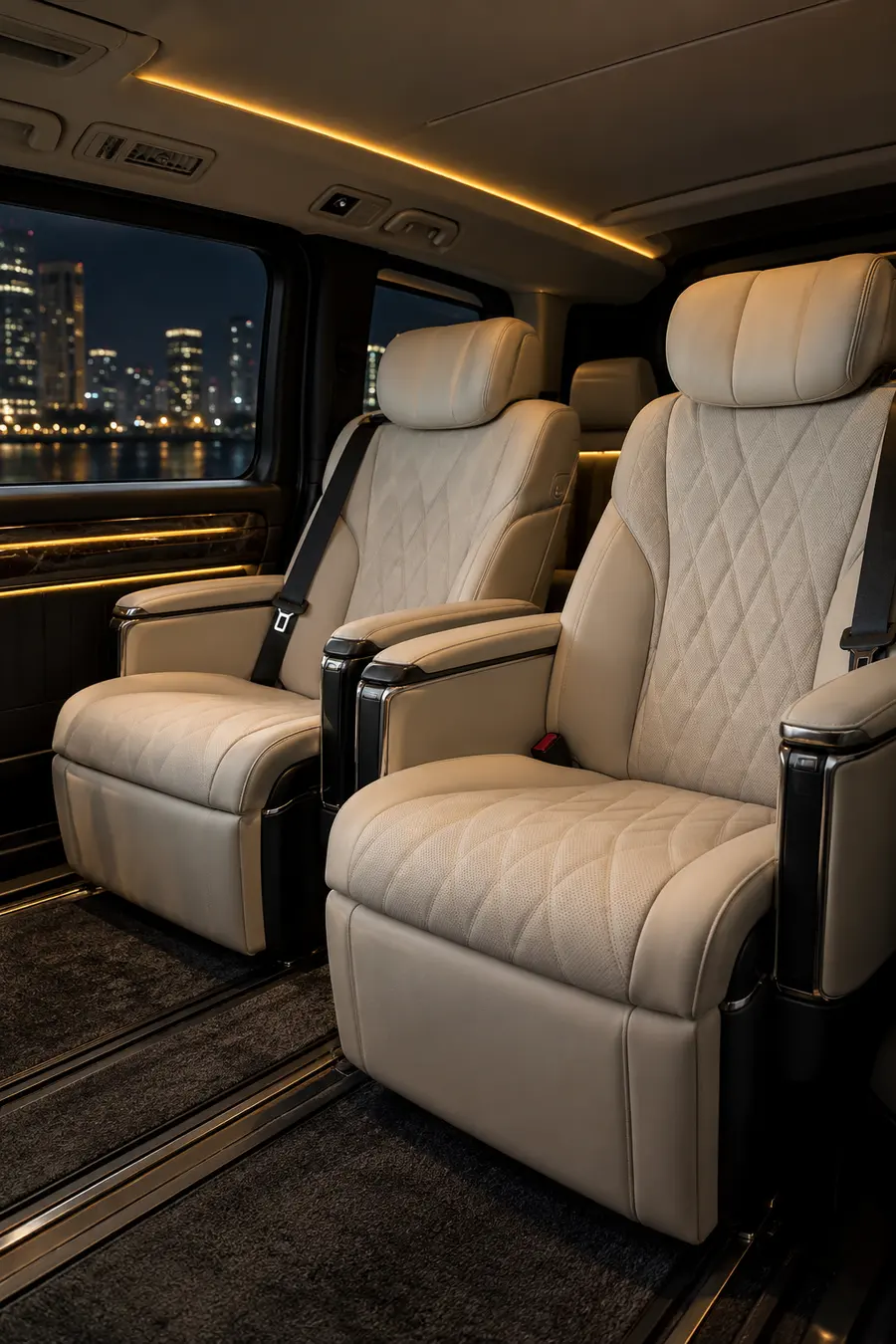 Cream leather captain seats inside a luxury MPV at night