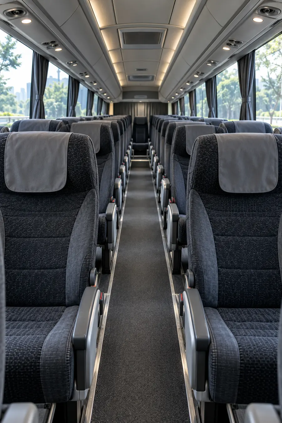 Empty coach interior with rows of reclining seats