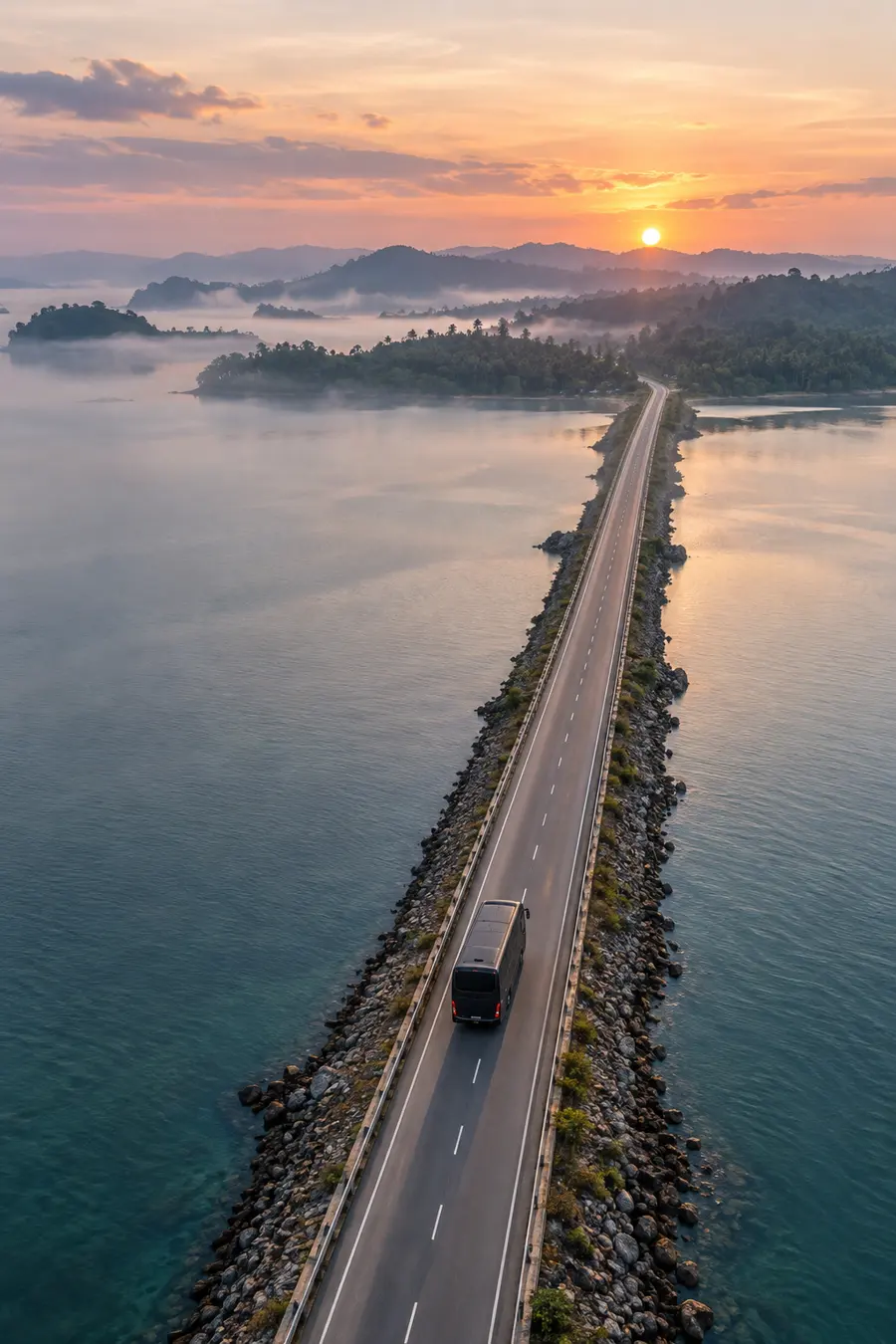 Coach crossing a long causeway over the sea at sunrise